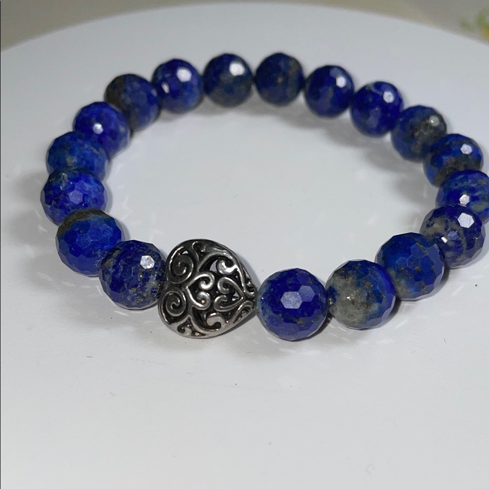 Lapis Lazuli and Silver Heart Stretch Bracelet